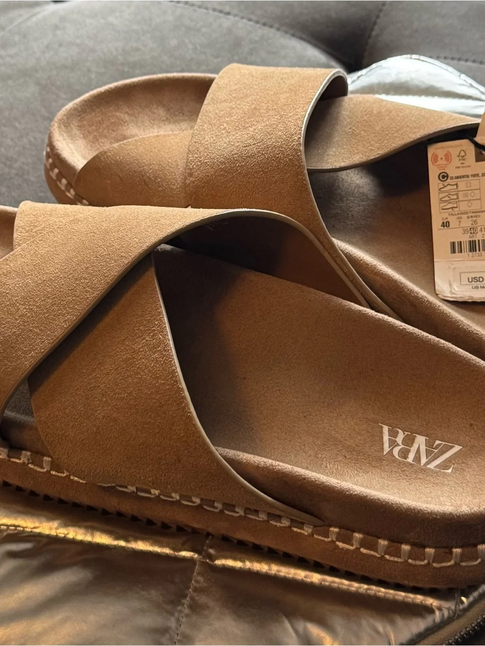 Zara Tan Suede Crisscross Slide Sandals